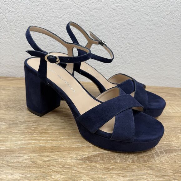Stuart Weitzman Dayna 80MM Leather Platform Sandals SIZE 10 B Blue Suede